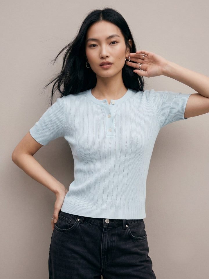 Blue Pointelle Textured Half Button Down Top