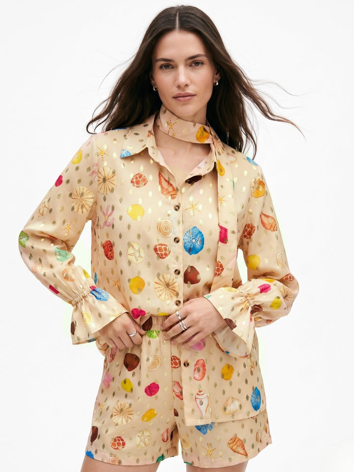 Off White Bishop Sleeve Printed Shirt And Shorts Set