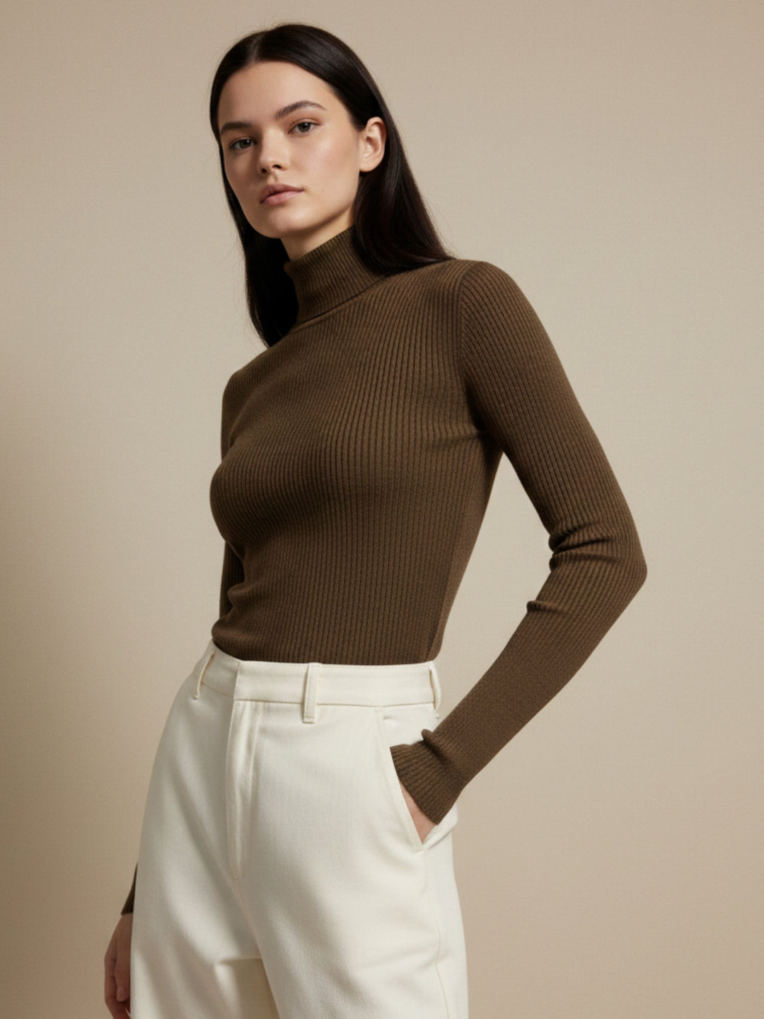Brown Solid Basic Turtle Neck Top