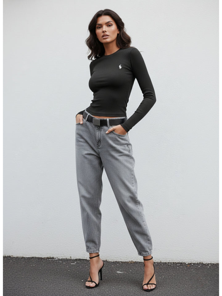 Black Full Sleeve Round Neck Crop Top