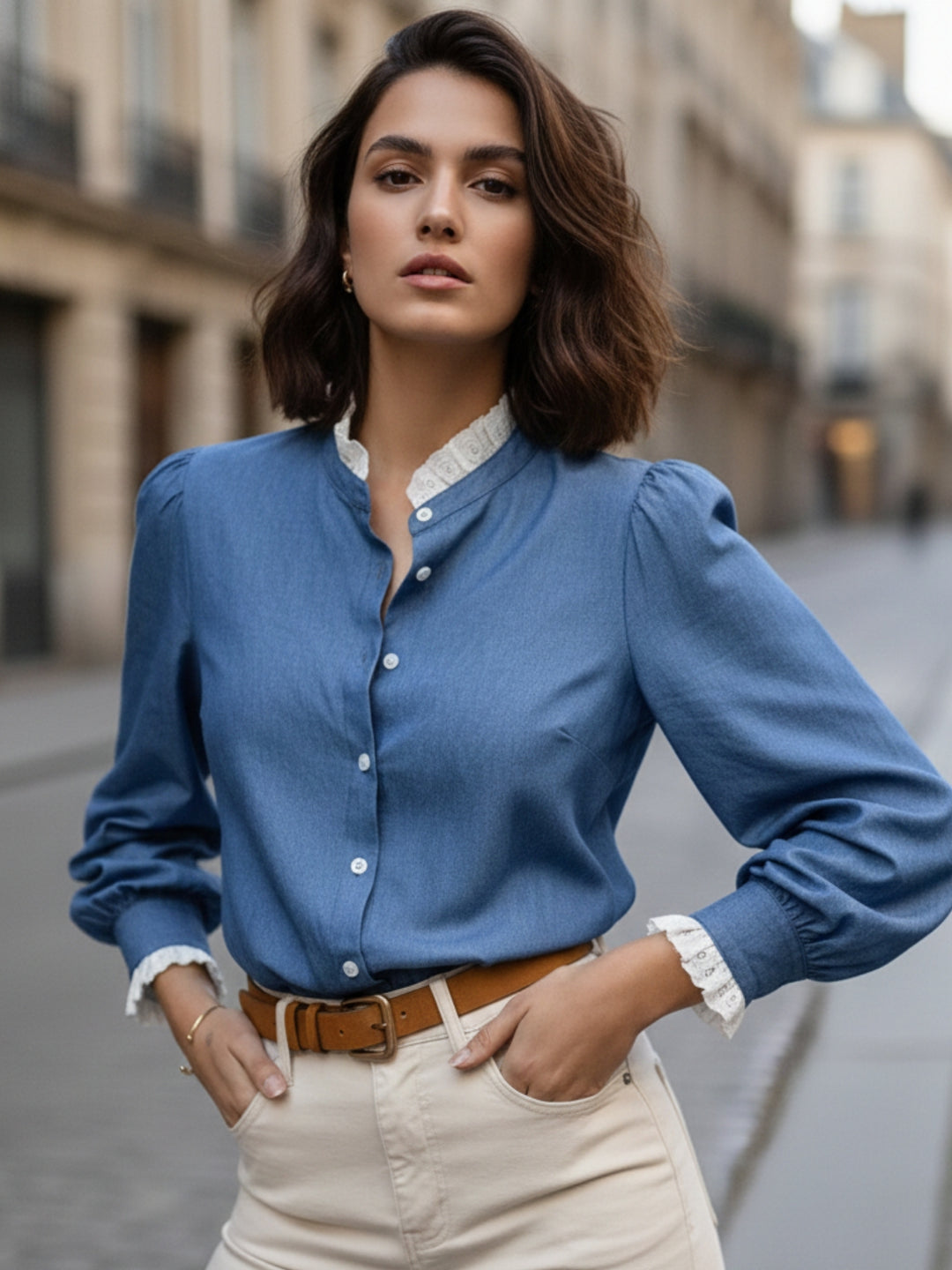 Blue Full Sleeved Solid Shirt With Contrast Ruffled Hem