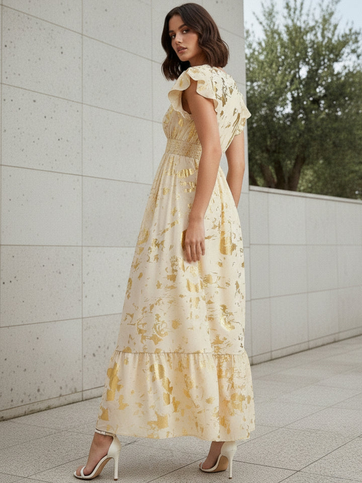 Cream Ruffle Sleeve V Neck Printed Dress