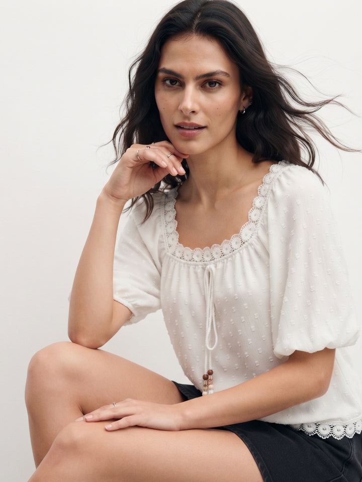 White Puff Sleeve Lace Edge Front Tie-Up Top
