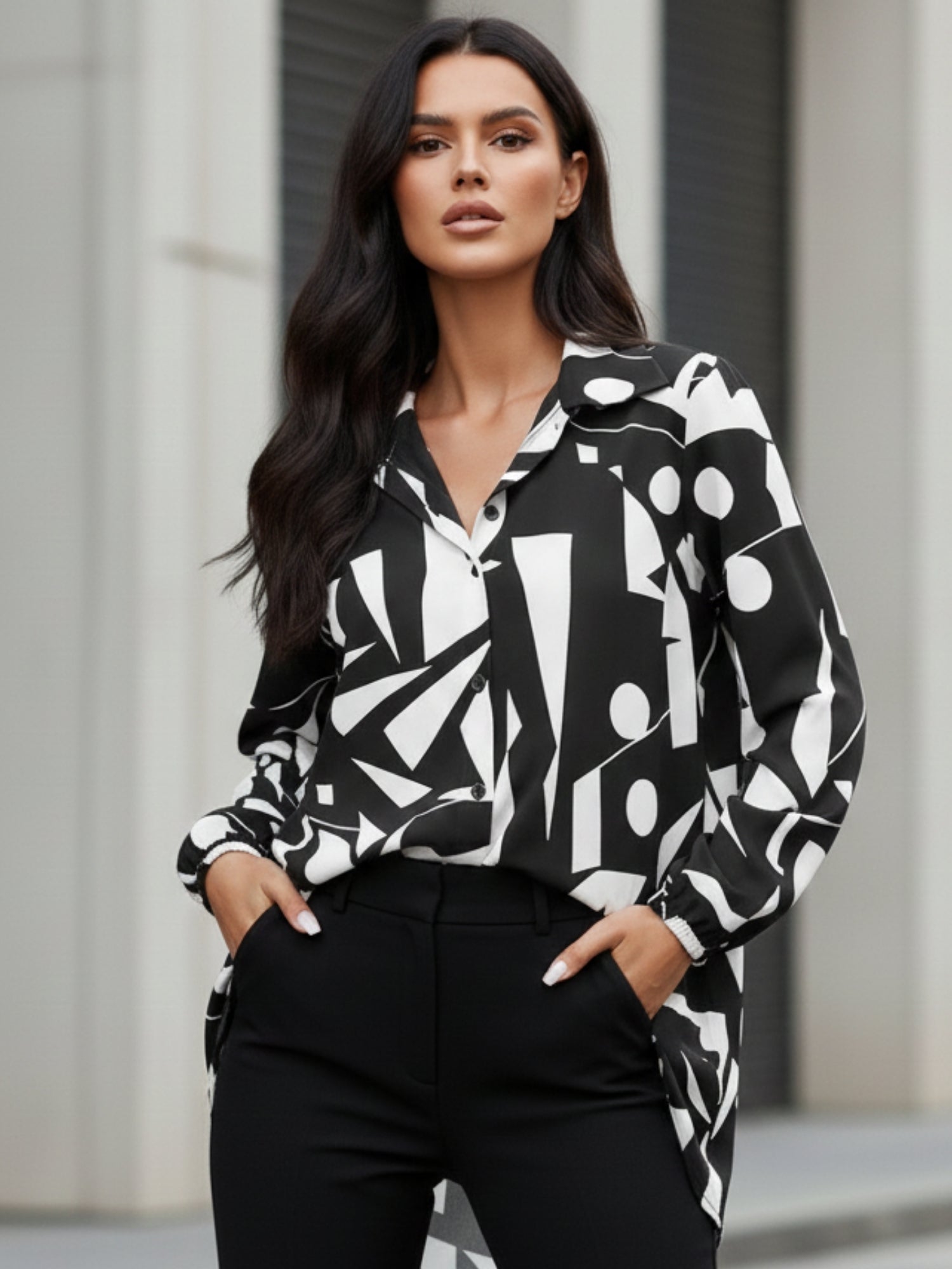 Black Bishop Sleeve Collared Neck Printed Dress
