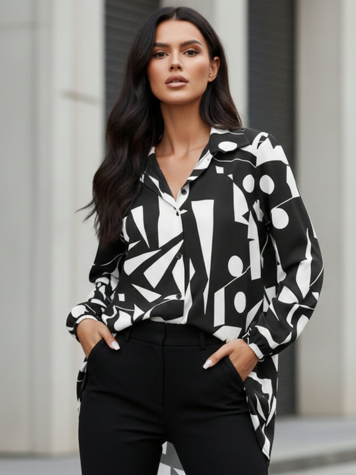 Black Bishop Sleeve Collared Neck Printed Dress