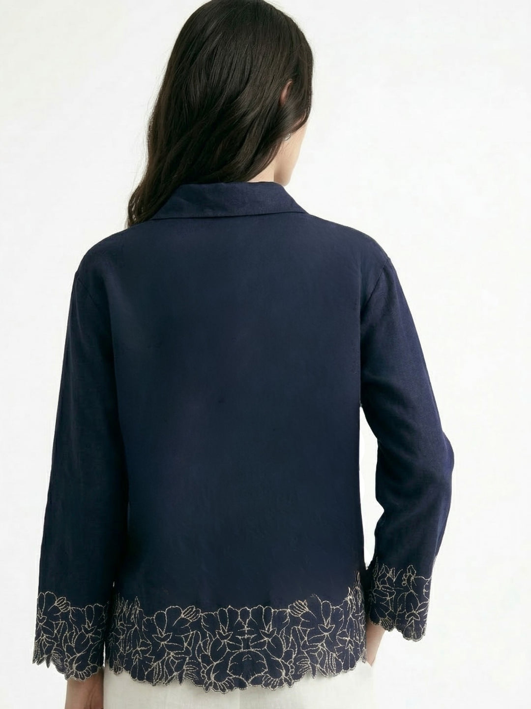 Navy Blue Flower Appliqued Front Buttoned Shirt