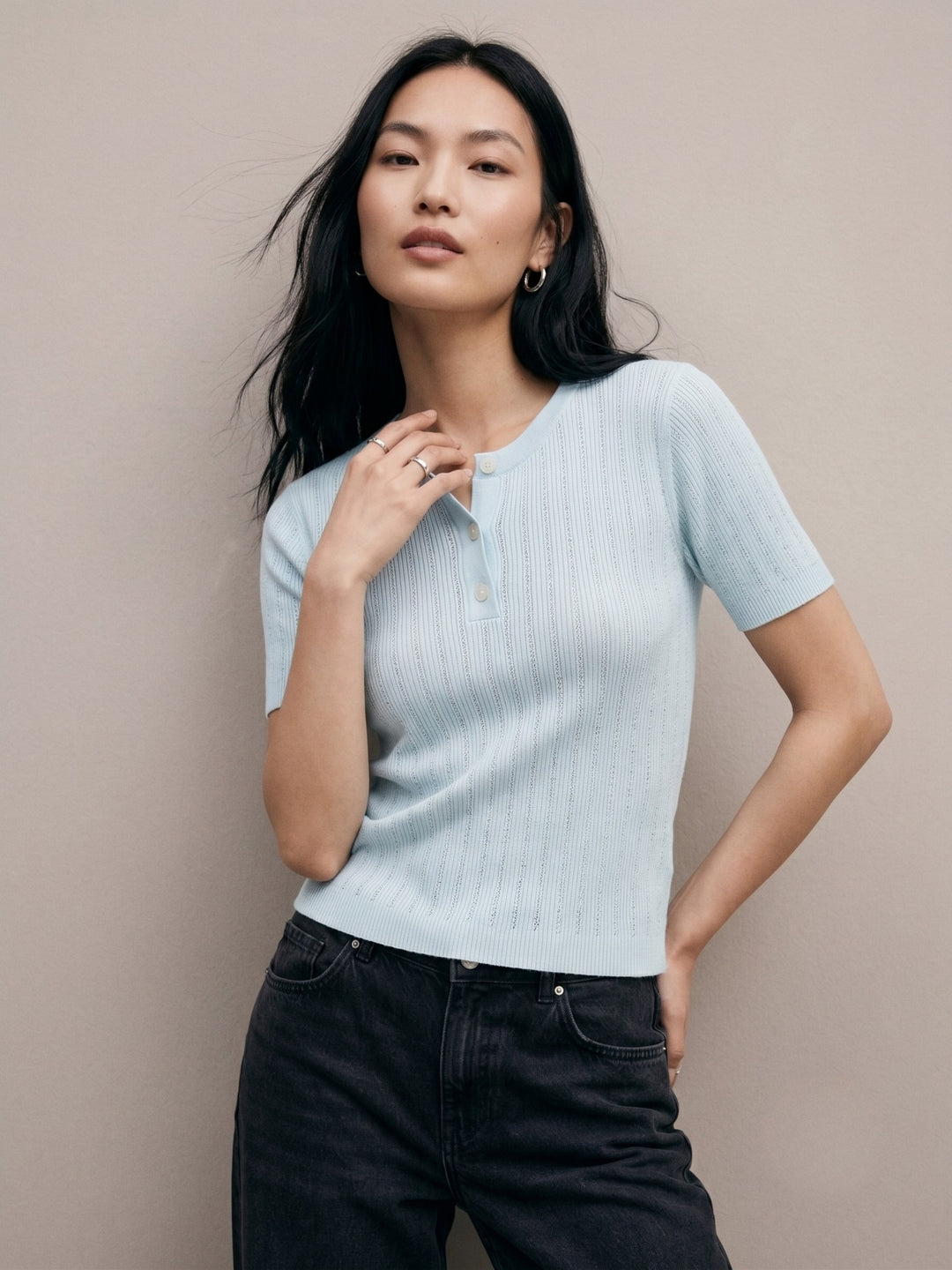 Blue Pointelle Textured Half Button Down Top