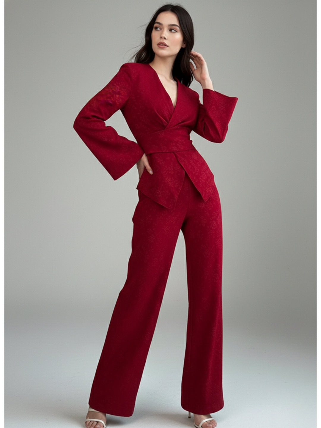 Red Textured Wrap Top And Pants Co-Ord Set