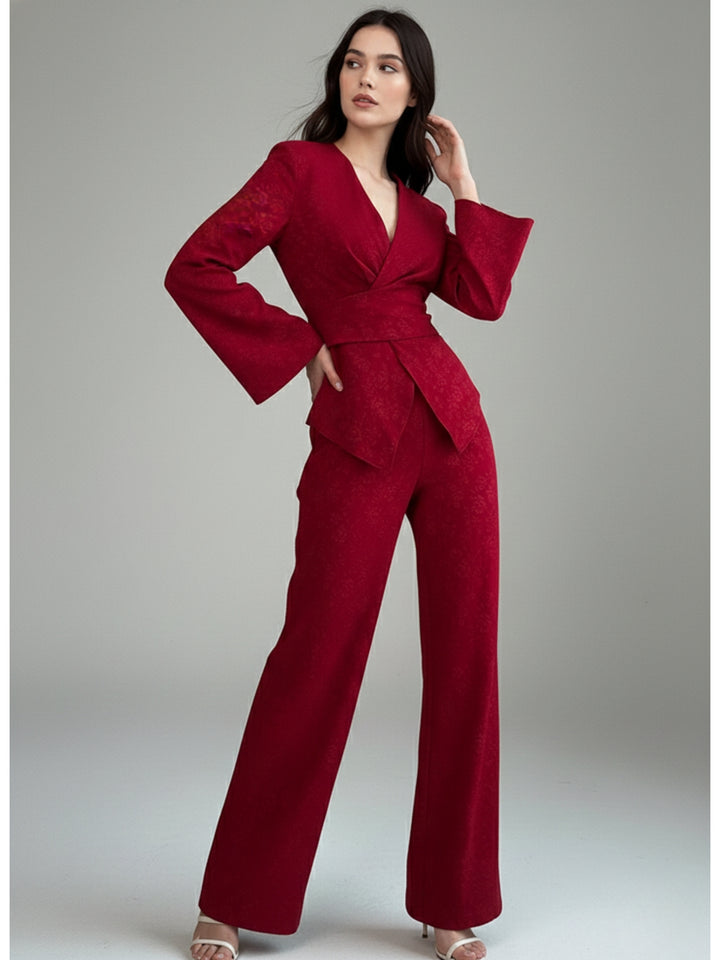 Red Textured Wrap Top And Pants Co-Ord Set