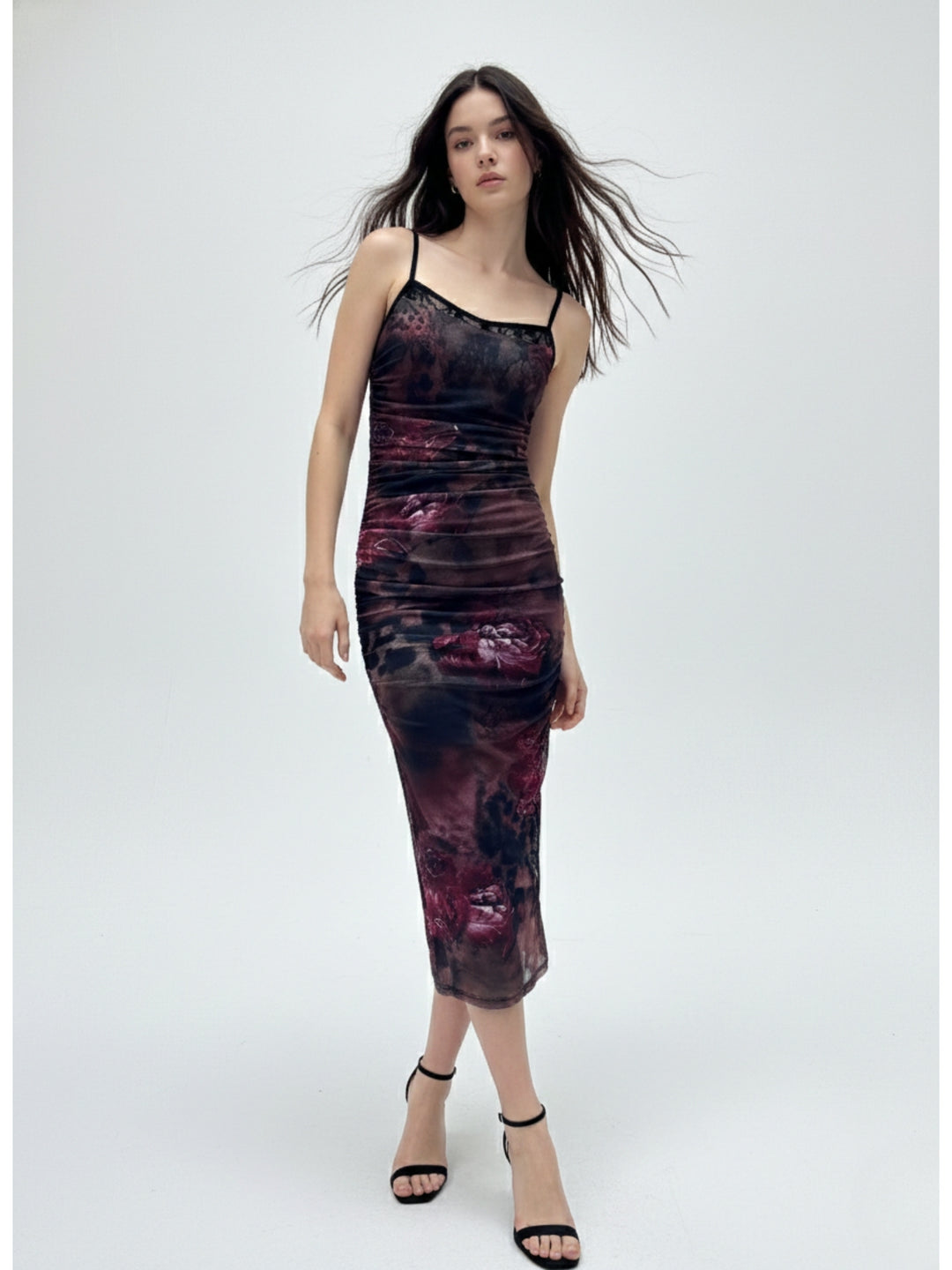 Red Printed Mesh Dress With Lace Inserts
