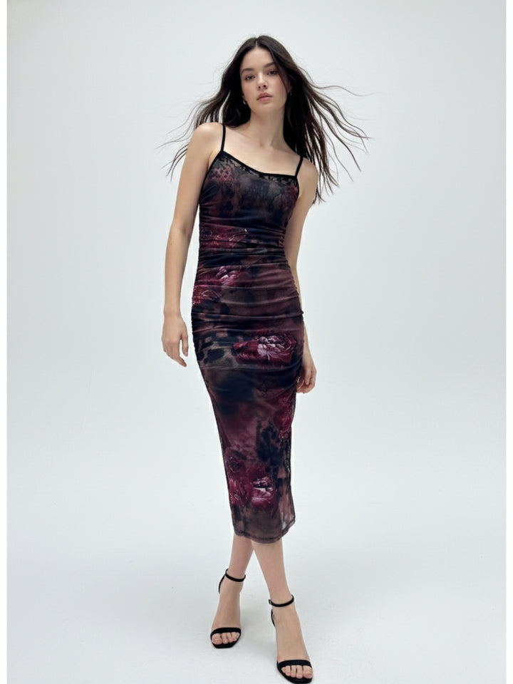Red Printed Mesh Dress With Lace Inserts