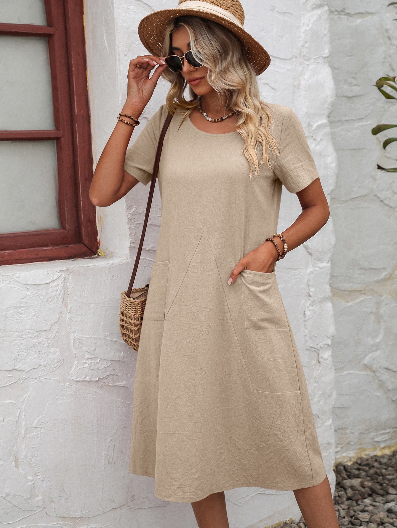 Cream Short Sleeve A-Line Dress