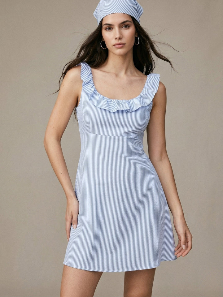 Blue Back Tie-Up Ruffle Sleeve Dress