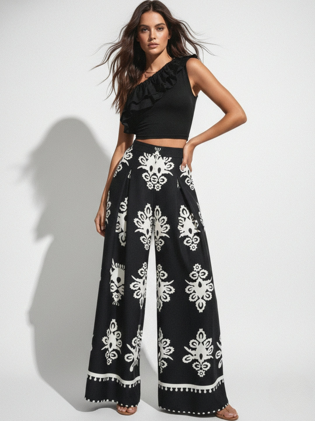 White One Shoulder Top And Printed Pant Set