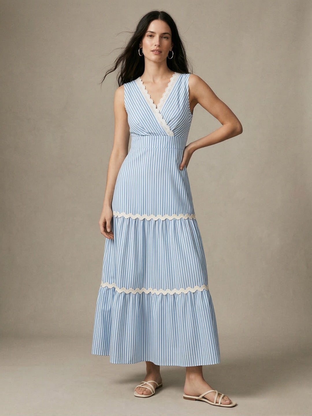 Blue Sleeveless V Neck Dress