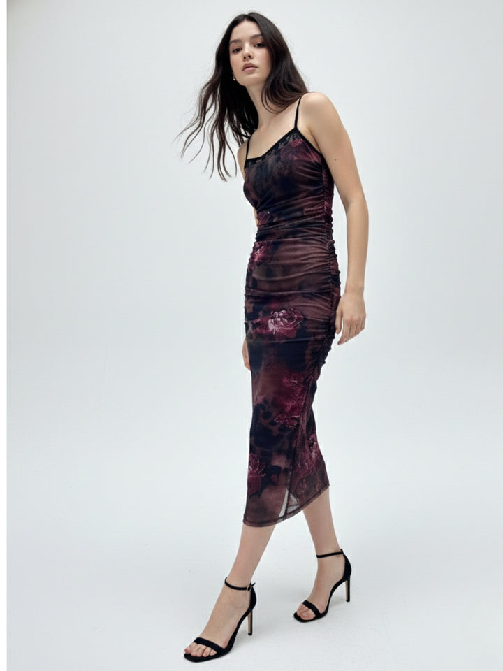 Red Printed Mesh Dress With Lace Inserts