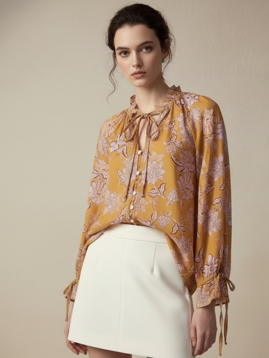 Yellow Printed Crinkle Textured High Neck Tie Up Top