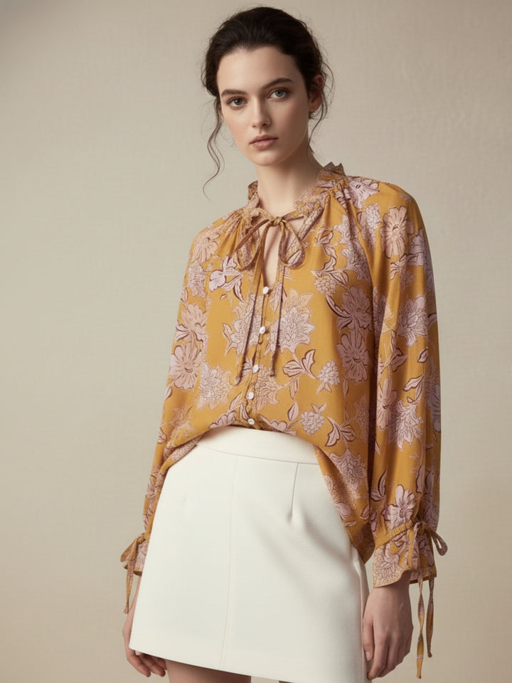 Yellow Printed Crinkle Textured High Neck Tie Up Top