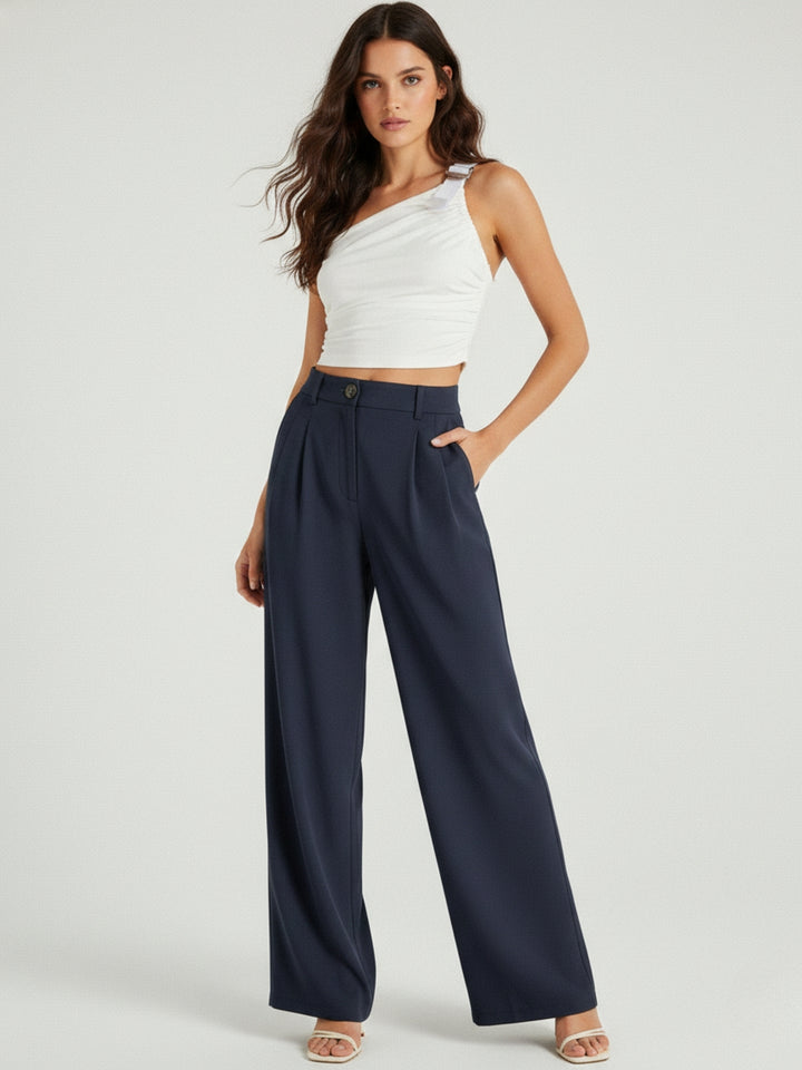 Navy Blue Wide Leg Pleated Pants