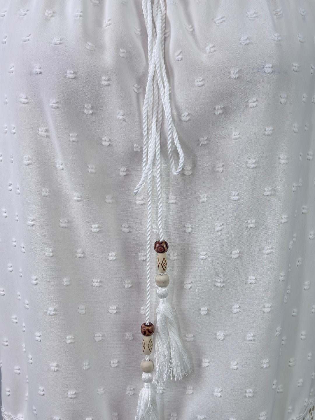 White Puff Sleeve Lace Edge Front Tie-Up Top
