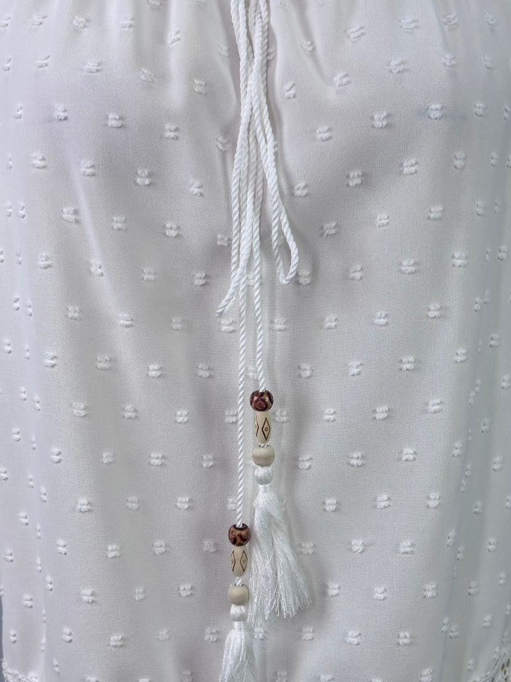 White Puff Sleeve Lace Edge Front Tie-Up Top