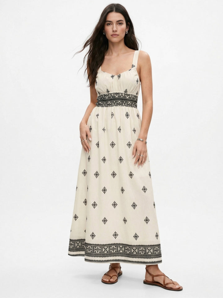 Off White Shoulder Strap Printed Dress