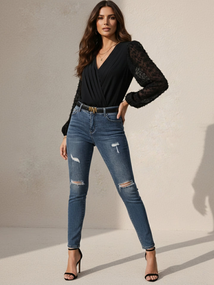 Black Textured Sleeve V Neck Bodysuits