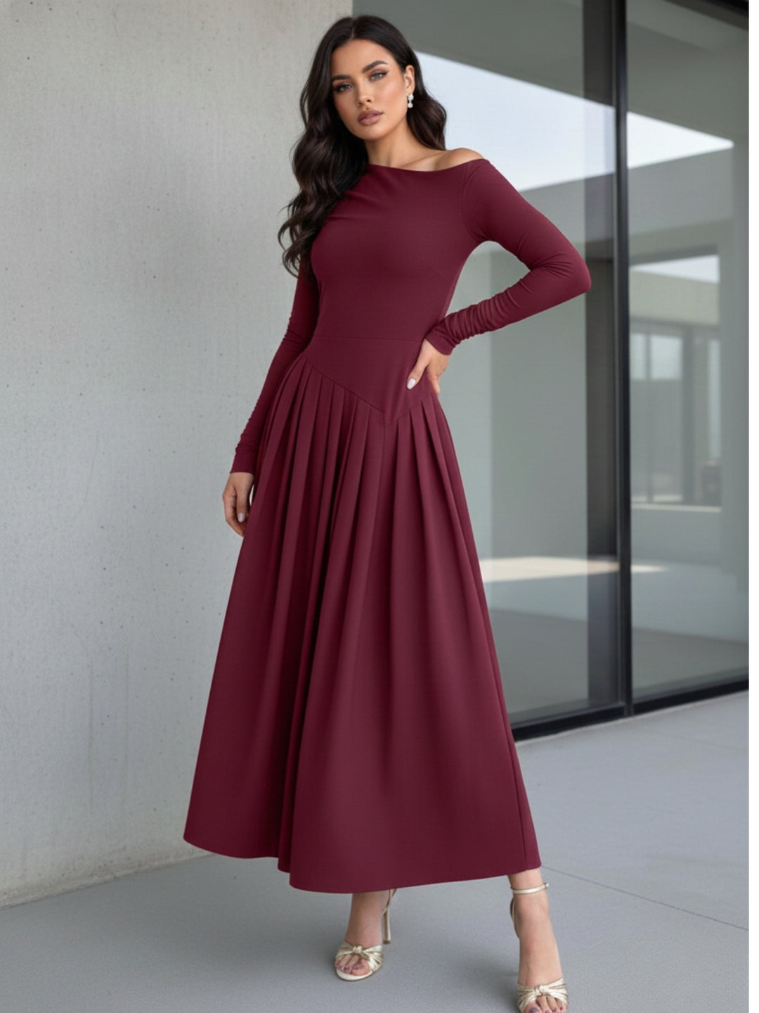 Burgundy Full Sleeve One Shoulder Dress