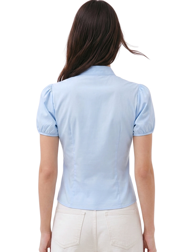 Blue High Keyhole Neck Tie Up Shirt