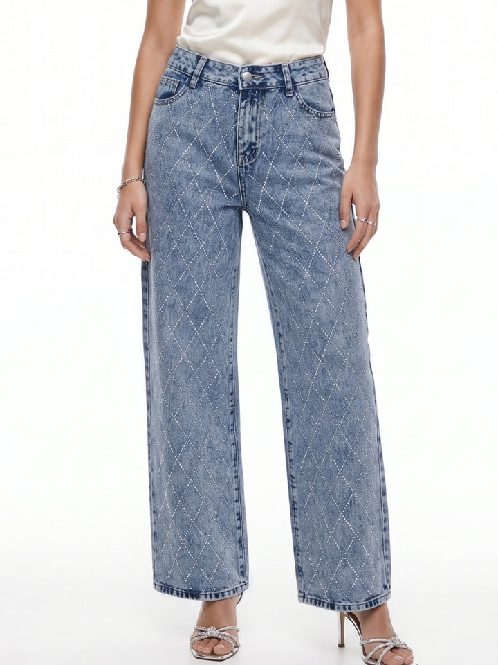 Blue Studded Wide Leg Jeans