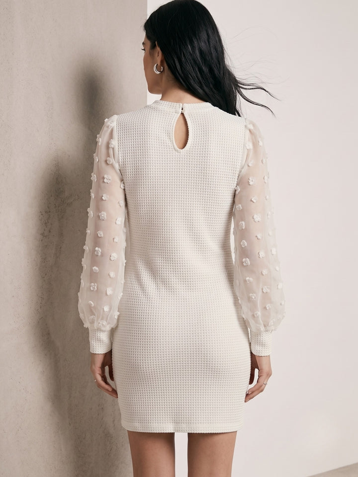 White Sheer Sleeved Bodycon Textured Dress