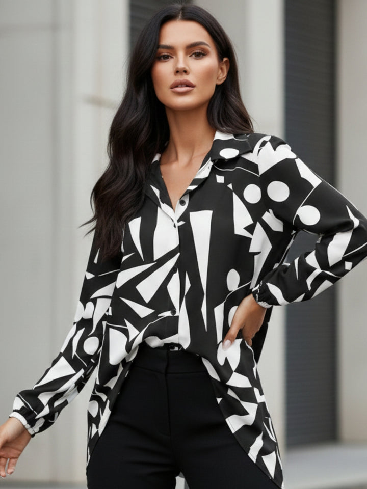 Black Bishop Sleeve Collared Neck Printed Dress