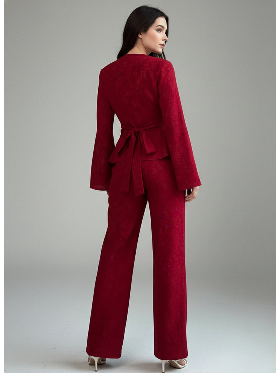 Red Textured Wrap Top And Pants Co-Ord Set