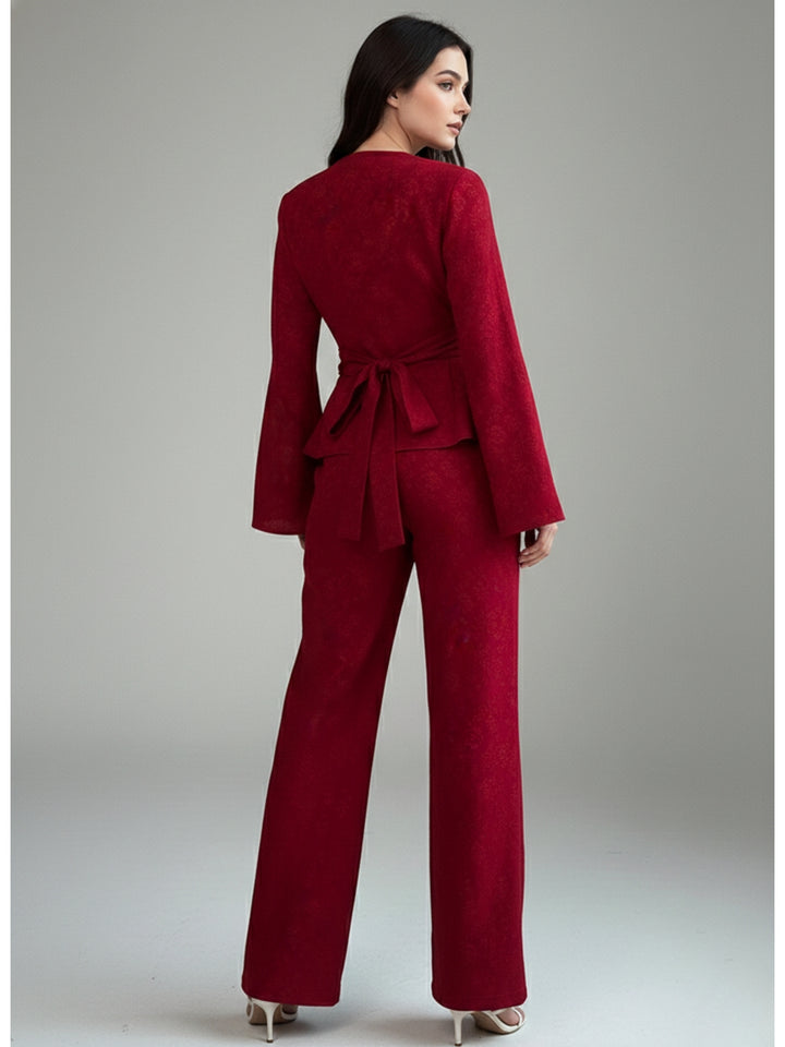 Red Textured Wrap Top And Pants Co-Ord Set