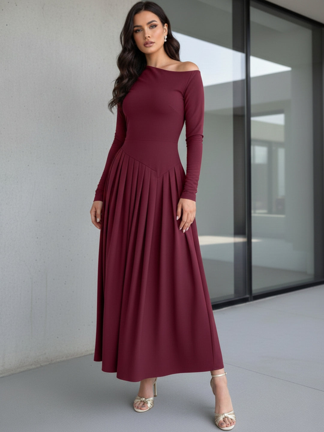 Burgundy Full Sleeve One Shoulder Dress