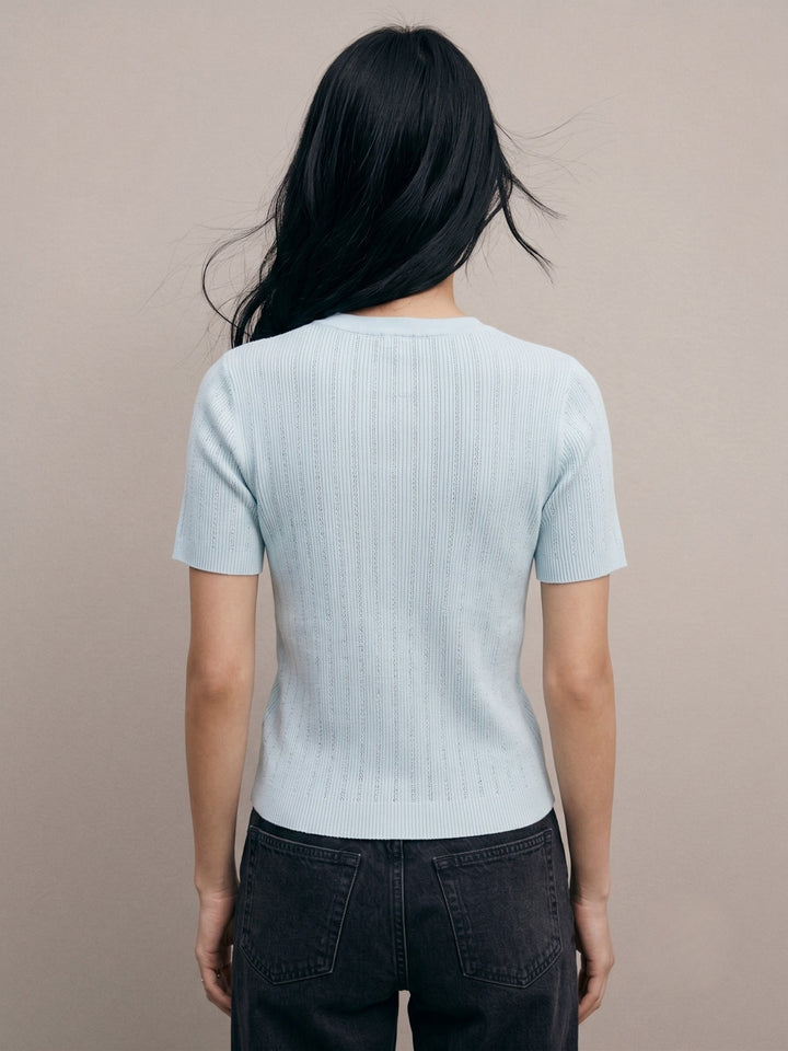 Blue Pointelle Textured Half Button Down Top