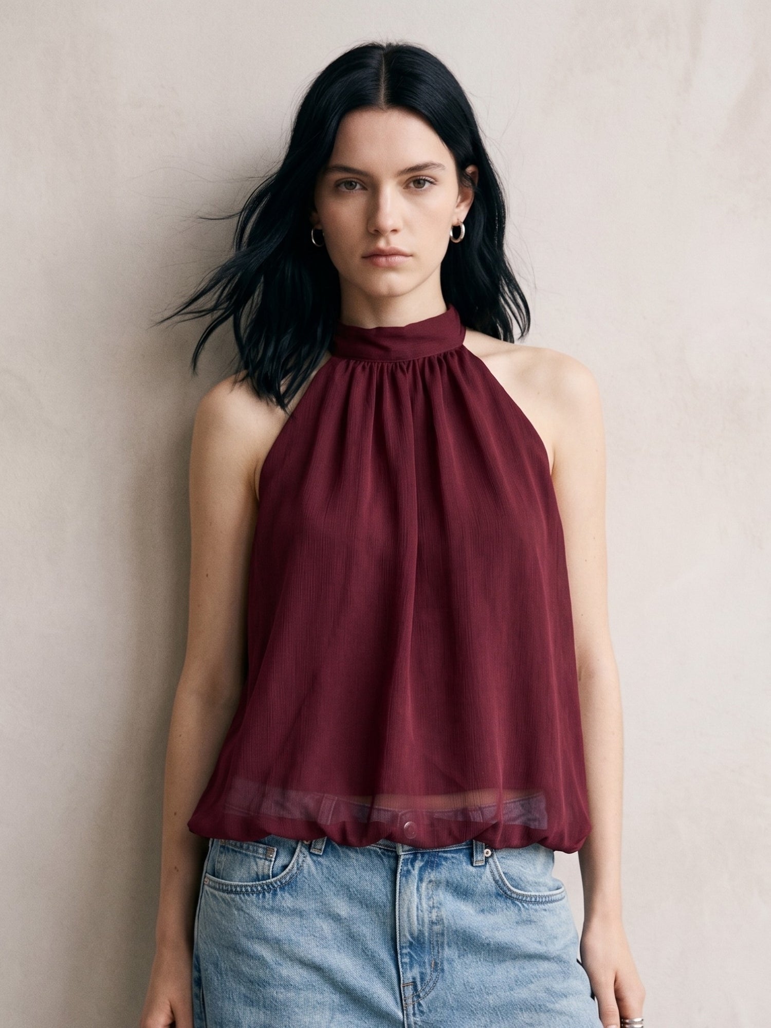 Maroon Halter Neck Flouncy Top