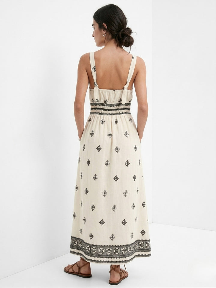 Off White Shoulder Strap Printed Dress