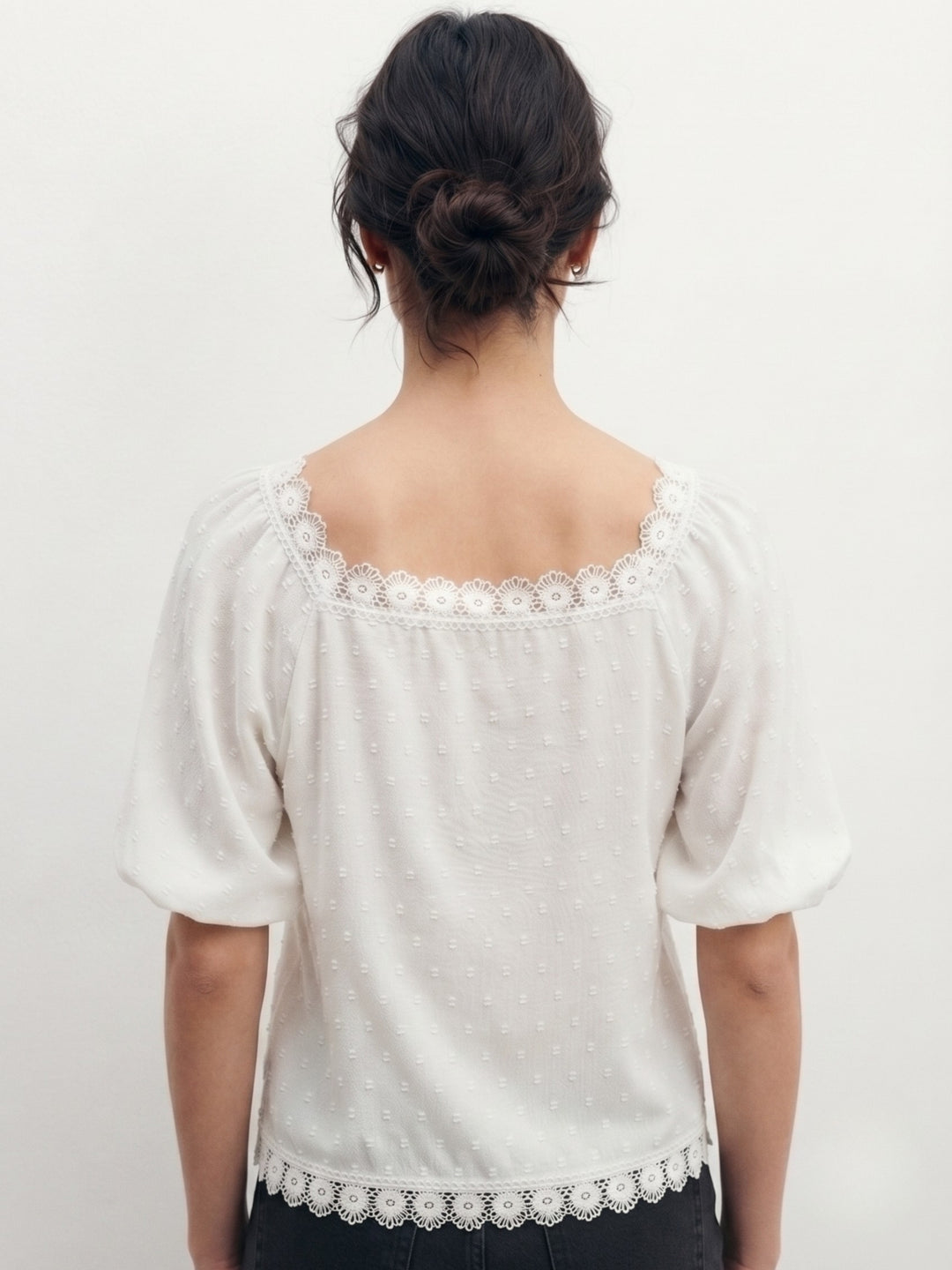White Puff Sleeve Lace Edge Front Tie-Up Top