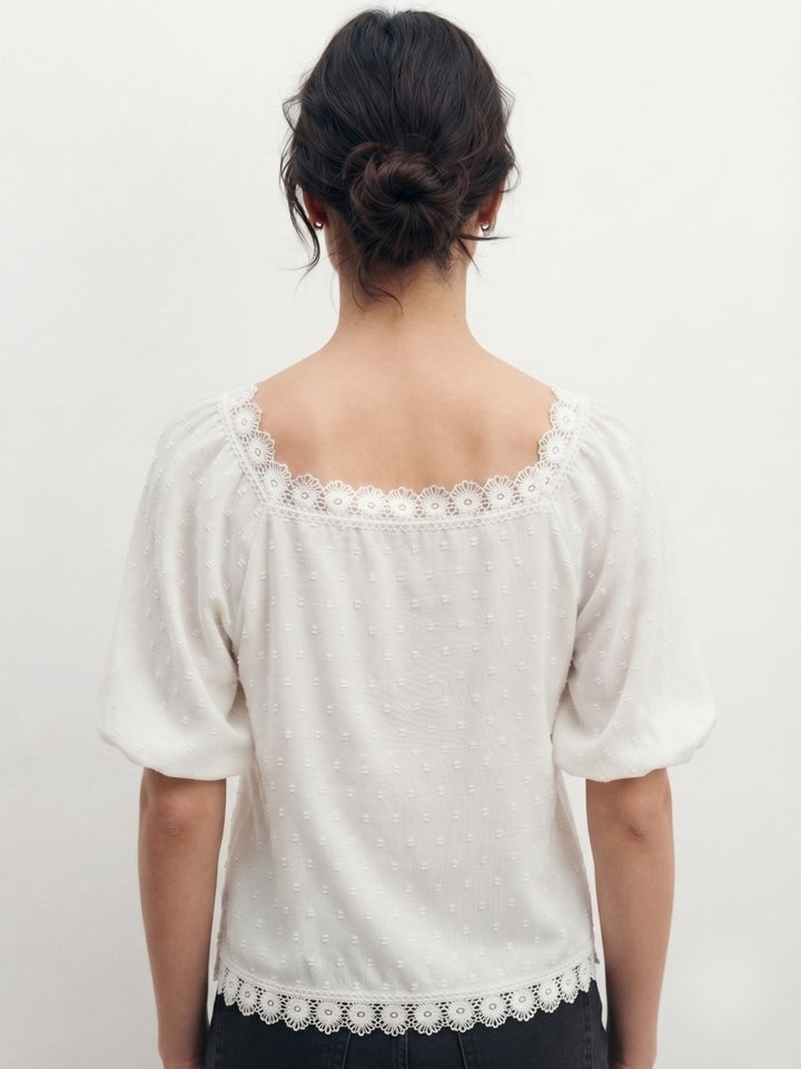 White Puff Sleeve Lace Edge Front Tie-Up Top