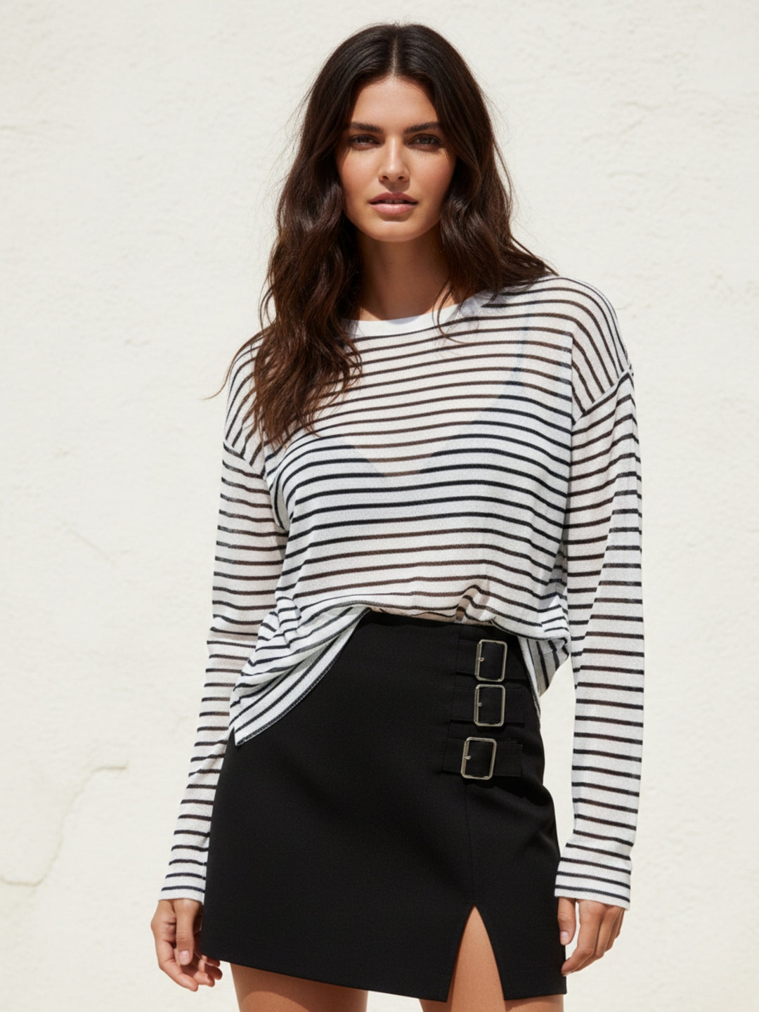White Full Sleeve Striped Relaxed Round Neck T Shirt
