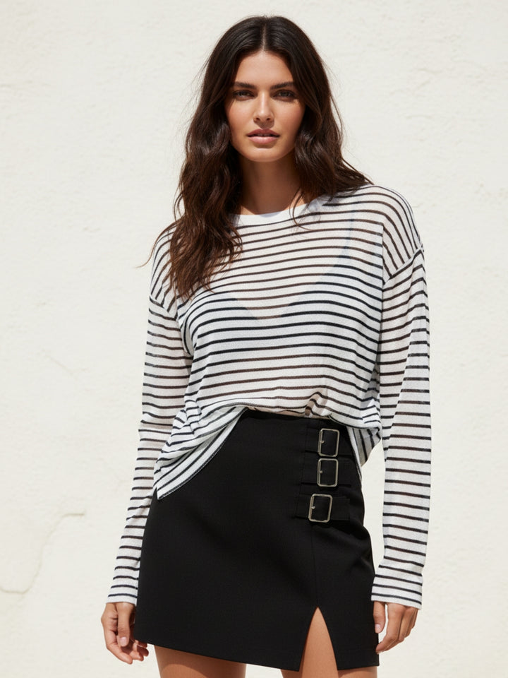 White Full Sleeve Striped Relaxed Round Neck T Shirt