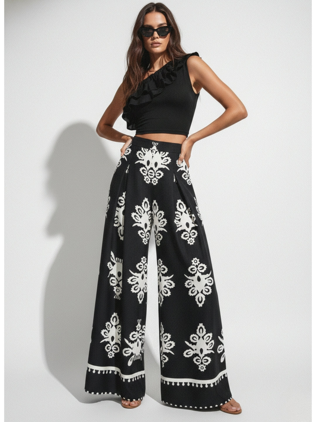 White One Shoulder Top And Printed Pant Set