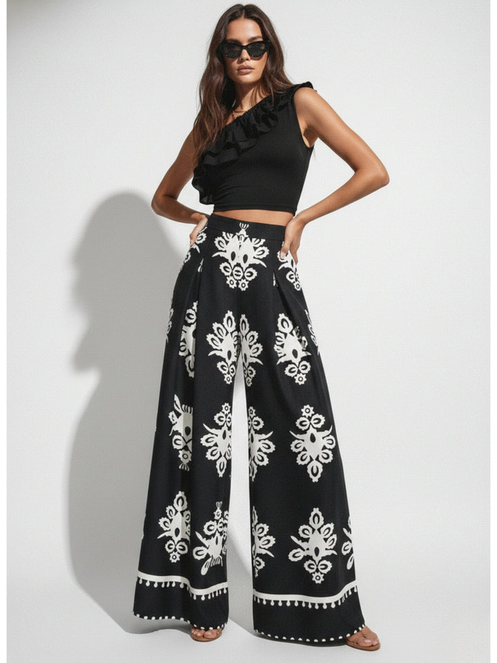 White One Shoulder Top And Printed Pant Set