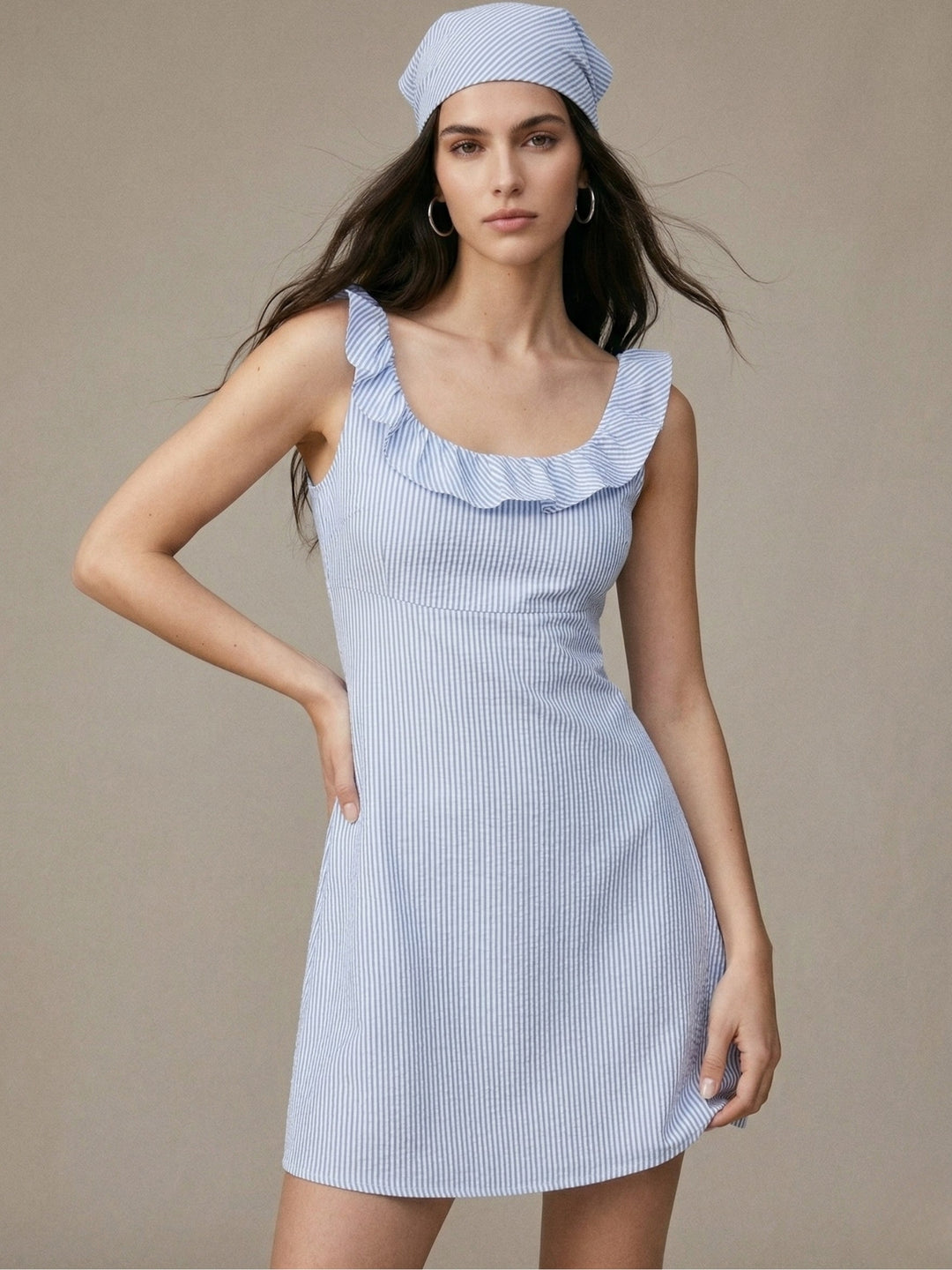 Blue Back Tie-Up Ruffle Sleeve Dress