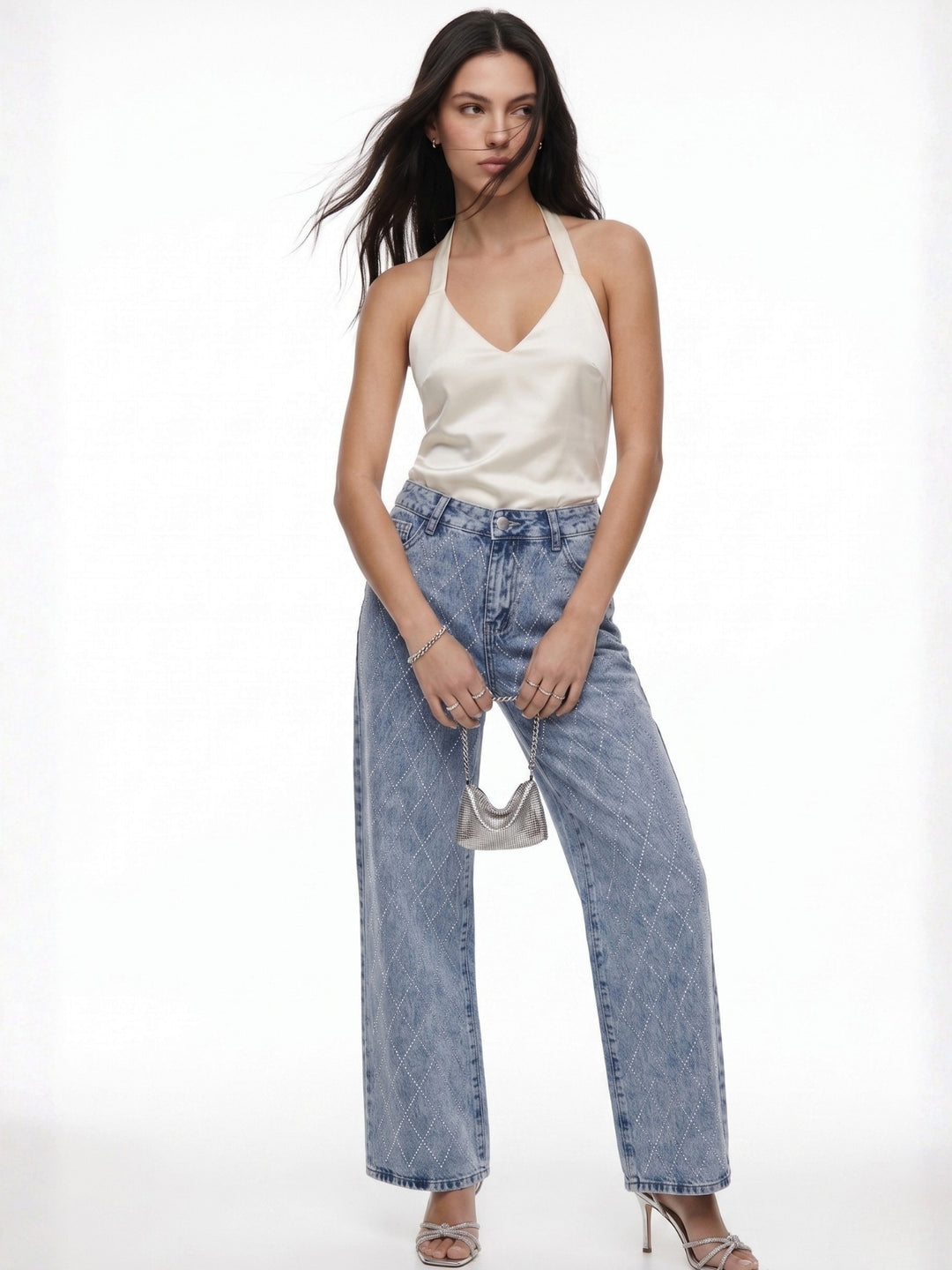 Blue Studded Wide Leg Jeans