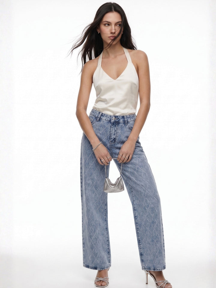 Blue Studded Wide Leg Jeans