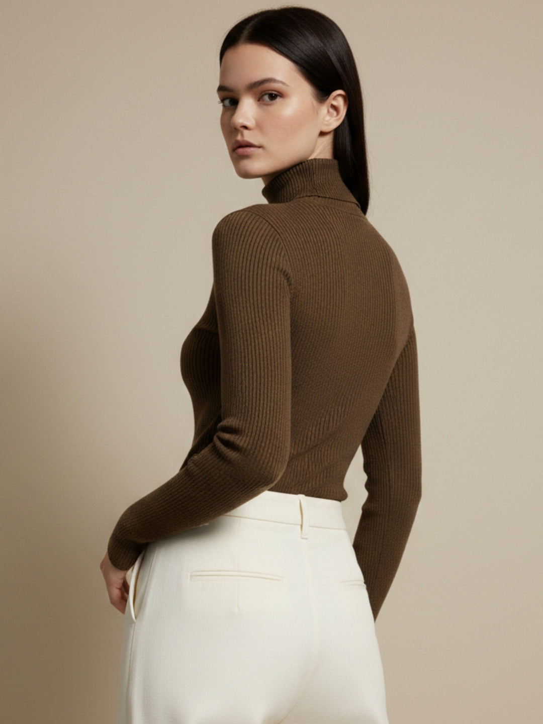 Brown Solid Basic Turtle Neck Top