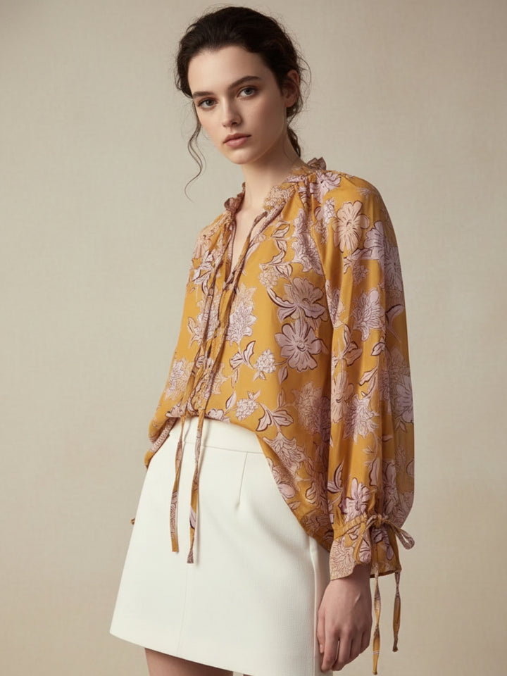 Yellow Printed Crinkle Textured High Neck Tie Up Top