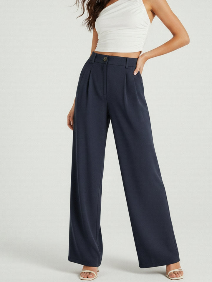 Navy Blue Wide Leg Pleated Pants